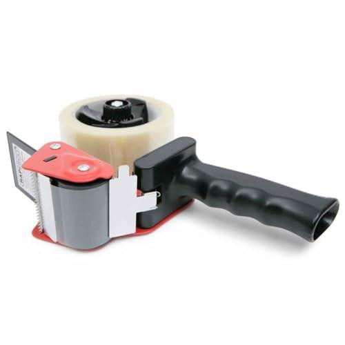 Rapesco TD9600A1 Germ-Savvy Antibacterial 960 Packing Tape Dispenser, black and red handheld tape dispenser with a roll of transparent packing tape.