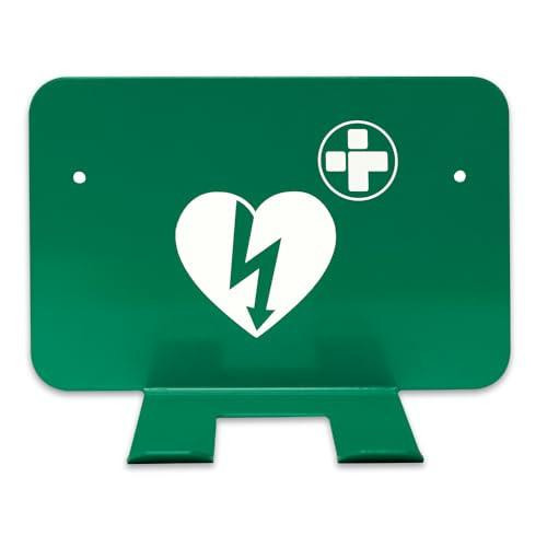 Reliance Medical Universal AED Wall Bracket - Sturdy Metal Construction Fits Any Device for Easy and Secure Placement Ideal First Aid Workplace Emergency Services Size 18.7cmL x 12.4cmW x 10cmH, green wall-mounted AED storage bracket with heart and lightning bolt symbol for quick emergency response.