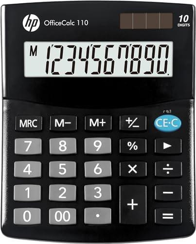 HP Office Calculator 110, black electronic calculator with large display and basic function keys for calculation and office use.