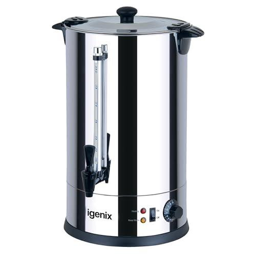 Igenix IG4015 Catering Urn, Hot Water Boiler, Tea Urn for Home Brewing, Commercial or Office Use, 15 Litre, Stainless Steel, with a vertical water level indicator and control dial.