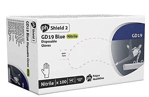 Polyco Shield GD19 Blue Nitrile Powder Free Glove Small, product packaging with an illustration of the glove and emphasizing that it is a disposable nitrile glove in a box of 100 gloves.