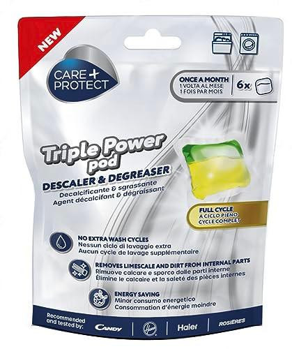 CARE+PROTECT Triple Power Pod Descaler & Degreaser for Washing Machine - Dishwasher - Full Cycle Hygieniser - Cleaner - Limescale Remover-Energy Saving Solution - Pack of 6 Pods - 6 Months Protection, product packaging with pods and packaging details.