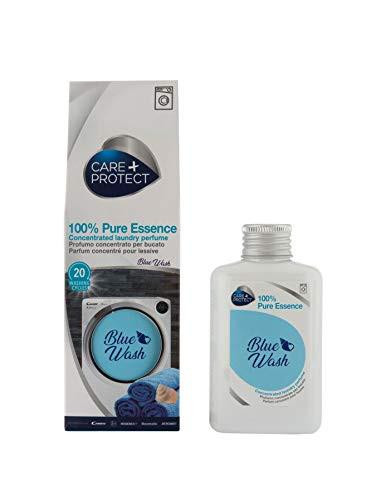 CARE + PROTECT Blue Wash Laundry Perfume In-Wash Scent Booster, Long Lasting Active Formula, 100ml for up to 20 washes, in a white bottle with a silver cap and blue label, alongside its packaging box featuring washing machine and laundry images.