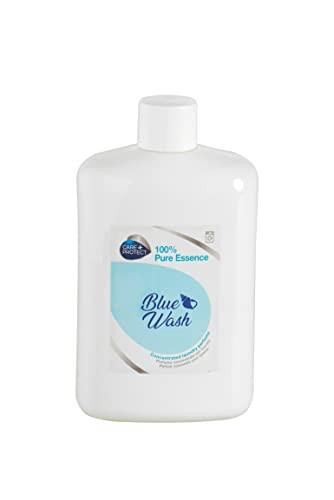 CARE + PROTECT Blue Wash Laundry Perfume In-Wash Scent Booster, Long Lasting Active Formula, 400ml, with white bottle and blue label featuring product name and scent description.