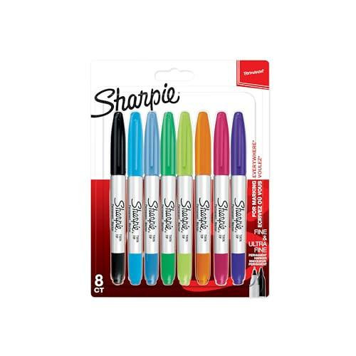 Sharpie Twin Tip Permanent Markers, set of 8 assorted colored markers with fine and ultra-fine points in black, blue, green, yellow, orange, purple, and pink, in branded packaging.