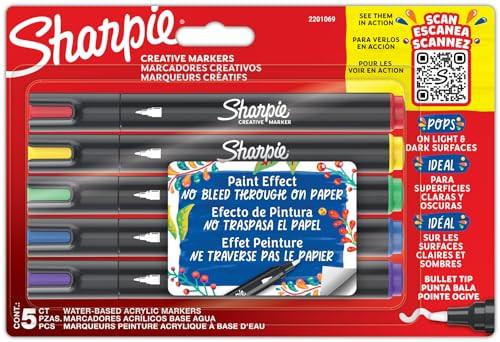 Sharpie Creative Marker Acrylic Paint Pens, five assorted colors with bullet tips shown on the packaging for water-based, no-bleed ink, suitable for most surfaces, marketed as school and revision supplies.