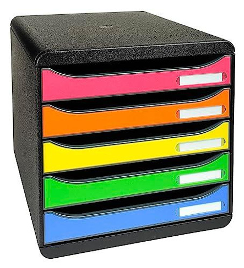 Exacompta - Ref 309798D - BIG-BOX PLUS Desktop Drawer Set, a compact black office storage unit with 5 colorful 43mm drawers in pink, orange, yellow, green, and blue, suitable for A4+ documents, measuring 347 x 278 x 271mm, made from 100% recycled plastic.