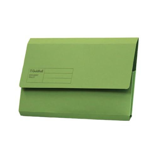 Exacompta Guildhall Document Wallets, 285gsm, Foolscap - Green, Pack of 50, green document wallet with crisp fold-over flap for secure storage.