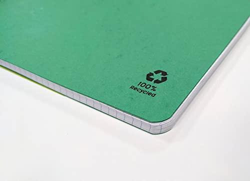 Clairefontaine Forever Recycled A4 Wirebound Notebooks 120 Pages 90gsm Feint Ruled Paper Assorted Colours (Pack 5), close-up of the corner showing recycled symbol and green cover.