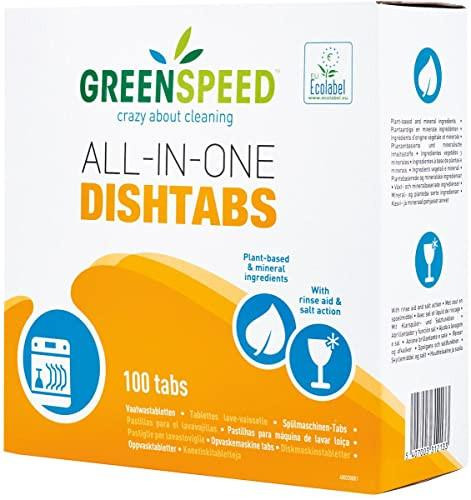 Greenspeed All-In-One Dishwasher Tablets 3 in 1 Operation, 100 Pieces, 1.8 kg, exterior packaging showing product name, 100 tablets, plant-based ingredients, with lemon scent and salt action icons.