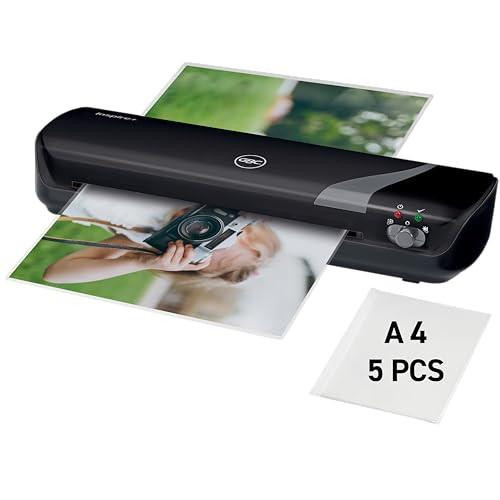 GBC Inspire+/Rexel Style A4 Laminator, Laminating Machine with Starter Pack of Pouches, 4 Minute Warm Up Time, Black - image showing the laminating machine in black with a photo being laminated and an A4 pouch next to it.