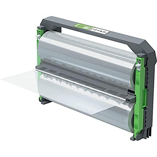 GBC Foton 30 Refillable Cartridge With Lamination Roll, 100 Micron, Laminates Up To 190 x A4 Sheets, Gloss Finish, Easy-Load, 4410024, White, showing a compact laminator with clear lamination roll and green side handles
