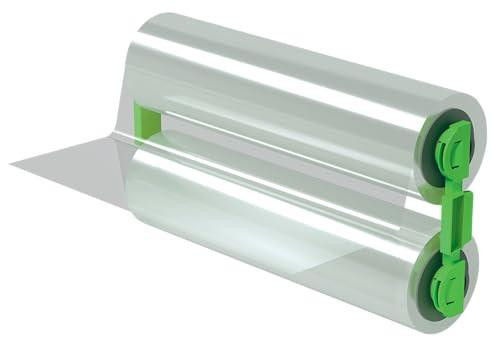 GBC Foton 30 Refill Lamination Roll for Refillable Cartridge, 100 Micron, Laminates Up to 190 x A4 Sheets, Gloss Finish, Easy-Load, 4410027, White, image of transparent lamination roll with green roller mechanism.