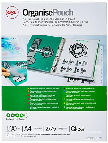 GBC A4+ 2x75 Micron Organise Gloss Laminating Pouches, Pack of 100, 41664E, showing a pack of protectively sealed laminating pouches with a binding ring, and a sheet of laminated documents.