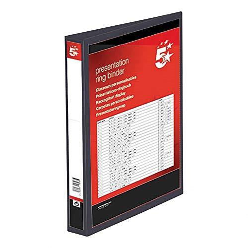 5 Star Presentation Ring Binder PVC 4 D-Ring 25mm Size A4 Black, exterior view of a pack of 10 ring binders with a black front cover and red label area.