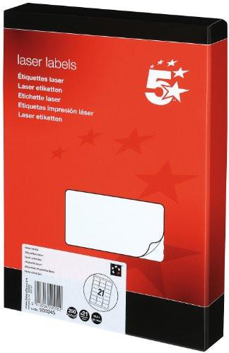 5 Star Addressing Labels Laser 21 per Sheet 63.5x38.1mm White, front view of the product packaging with red and black design and product description.