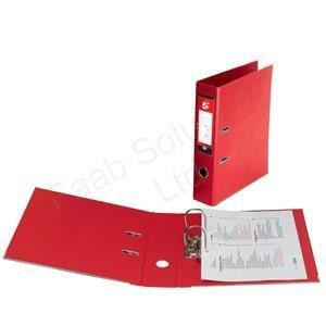 5 Star Lever Arch File PVC Spine 70mm Foolscap Red, open red lever arch file with document pages inside.