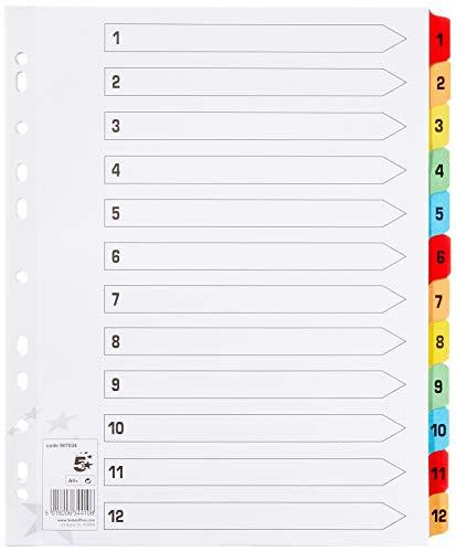 5 Star Maxi Index Extra-wide 230 micron Card with Coloured Mylar Tabs 1-12 A4 White, image showing a white index divider with numbered and coloured tabs from 1 to 12 along the right edge.
