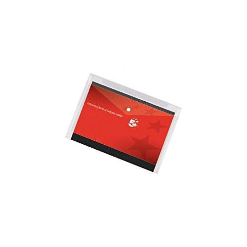 5 Star Envelope Wallet Polypropylene A4 Transparent Clear, pack of 5, showing a set of transparent clear envelope wallets with a red label inside.