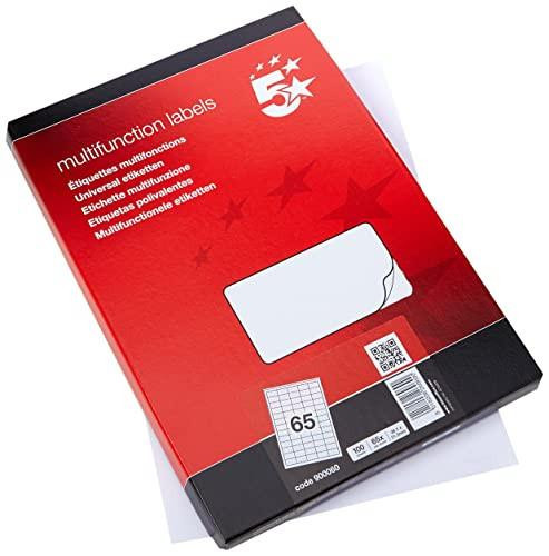 5 Star Addressing Multifunction Labels, a red and black box with 65 white labels measuring 38.1x21.2mm each for address and label applications.