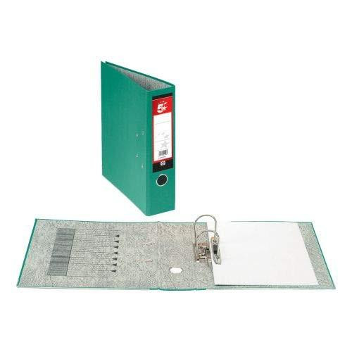 5 Star Office Lever Arch File 70mm Spine A4 Green Pack of 10, open and closed green lever arch file with metal rings and document dividers.