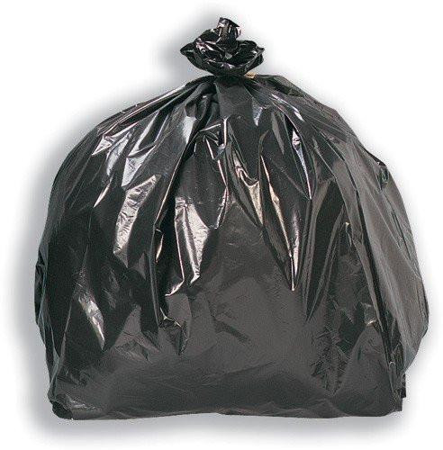 5 Star 95 Litre 72 Gauge Capacity Economy Bin Bags, Pack of 200, Black, tied in a black plastic trash bag.