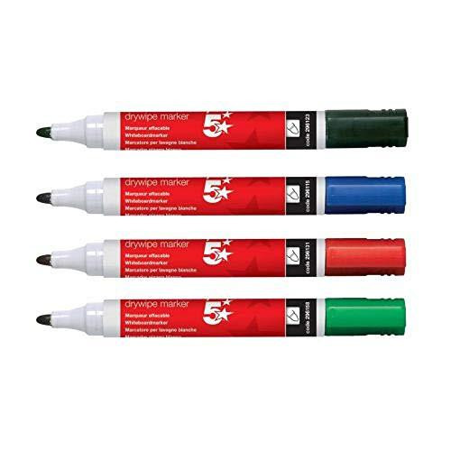 Product 5 Star Office Drywipe Marker Xylene/Toluene-Free Bullet Tip 2mm Line Assorted Pack of 12, featuring four markers in black, blue, red, and green colors, with red bodies and bullet tips for whiteboard writing.