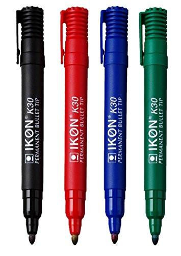 Hainenko Value Bullet Tip Permanent Marker - Assorted Colour pack of 4, featuring black, red, blue, and green markers with bullet tips and clip caps.