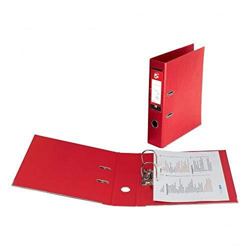 5 Star Office Lever Arch File Polypropylene Capacity 70mm A4 Red [Pack 10], red lever arch file opened with documents inside and another file standing upright.