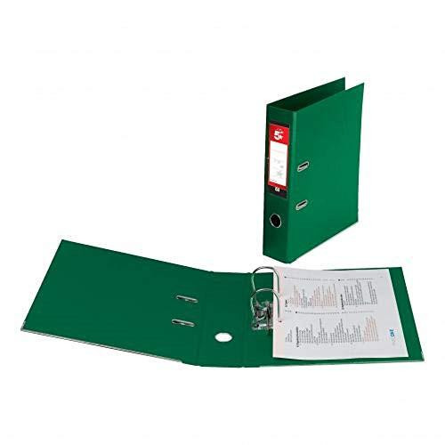 5 Star Office Lever Arch File Polypropylene Capacity 70mm A4 Green, pack of 10, showing a green lever arch file with an open binder containing documents and a closed file standing upright.