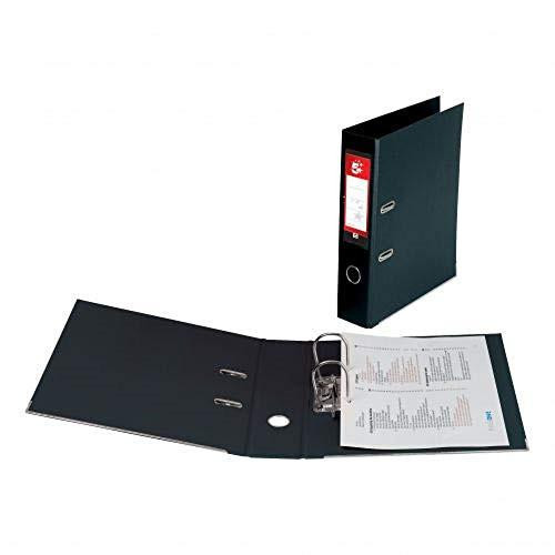 5 Star Office Lever Arch File Polypropylene Capacity 70mm A4 Black, open with papers inside and one closed file standing upright
