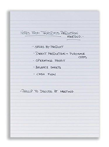5 Star Office Memo Pad Headbound Feint Ruled 80 Sheets A4 White, blank memo pad with handwritten notes for a meeting.