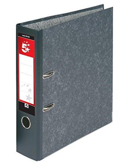 5 Star Office Lever Arch File 70mm Foolscap Cloudy Grey [Pack 10], image of a sturdy grey lever arch file with metal rings and a label holder for organizing documents.
