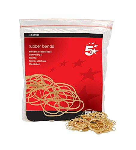 5 Star Office Rubber Bands No.16, brown, approximately 2000 elastic rubber bands measuring 63x1.5mm in a clear plastic bag.