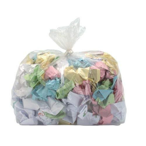 Refuse Sacks Heavy Duty Extra Large W220xD340xH470mm Clear, a transparent plastic bag filled with crumpled colorful waste papers.