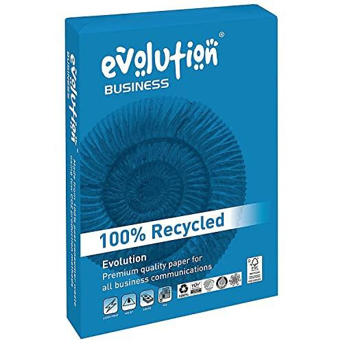 Evolution A4 120gsm Business Paper - White (Pack of 250), image of a blue pack of recycled A4 paper with the Evolution Business logo and product details.