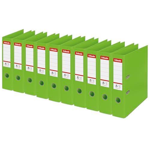Esselte No.1 VIVIDA A4 Plastic Lever Arch File 75mm Green Pack of 10, a set of ten bright green plastic lever arch files with white label holders for organizing documents.