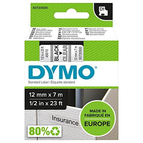DYMO Authentic D1 Labels, black print on clear tape, 12 mm x 7 m, self-adhesive labels for LabelManager label makers, made in Europe