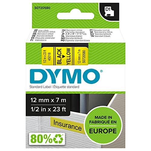 DYMO Authentic D1 Labels, black print on yellow tape roll measuring 12 mm x 7 m for label makers, self-adhesive labels for LabelManager, made in Europe.