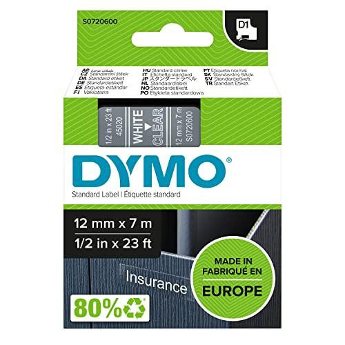 DYMO Authentic D1 Labels, white print on clear tape, 12 mm x 7 m size, self-adhesive labels for LabelManager label makers, made in Europe.