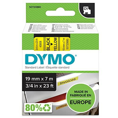 DYMO Authentic D1 Labels, black print on yellow tape, 19 mm x 7 m, self-adhesive labels for LabelManager label makers, made in Europe.