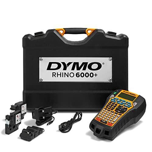 DYMO Rhino 6000+ Industrial Label Maker, computer-connected label printer with hard carry case, includes vinyl and nylon tape cassettes, rechargeable lithium-ion battery, and power adapters