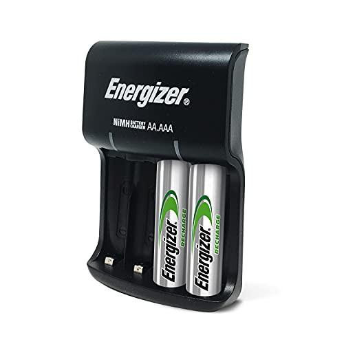 Energizer Battery Charger, Recharge Basic, for AAA and AA Batteries with 2x AA Rechargeable Batteries Included, shown charging two AA batteries in the black charger unit.