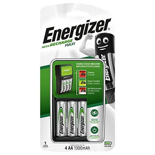 Energizer Accu Recharge Maxi Charger for NiMH Rechargeable AA and AAA Batteries, product packaging with a smiling battery mascot and recharging indicator lights.