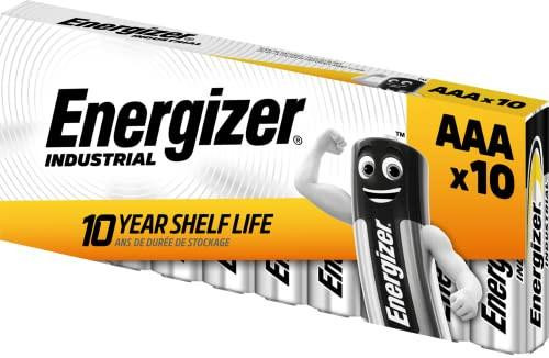 Energizer Industrial Alkaline AAA Battery LR03 1.5V - Pack of 10, packaging showing the Energizer logo and a cartoon battery character flexing its arm.