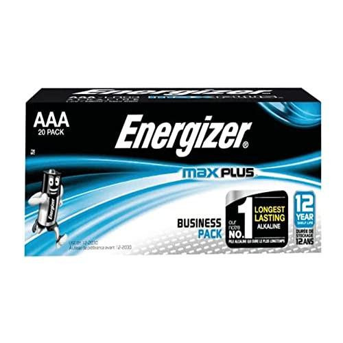 Energizer Max Plus AAA Batteries, Pack of 20, in retail box showing brand logo, product details, and long-lasting alkaline power for devices.