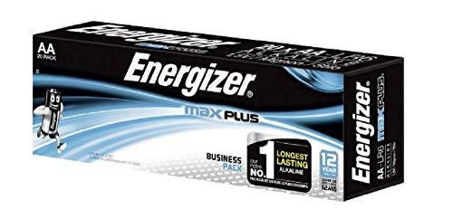 Energizer Max Plus AA Alkaline Batteries - Pack of 20, showing a black and blue box with the Energizer logo and a depiction of a cartoon battery character.