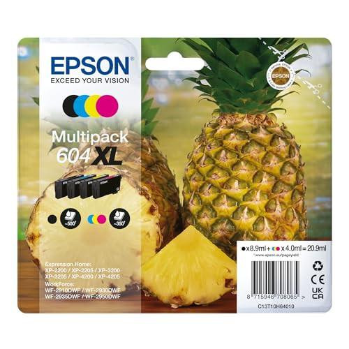 Epson 604XL Pineapple, Genuine Multipack, 4-colours Ink Cartridges, box showing colorful ink cartridges and fresh pineapples with cut slices
