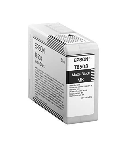 Epson Matte Black Ink Cartridge C13T850800, front view of the white cartridge with black and gray labeling for Epson T8508 model, designed for high-quality matte black printouts.