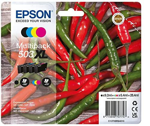 Epson 503XL Chillies, Genuine Multipack, 4-colours Ink Cartridges - C13T09R64010, image showing a pack of various red and green chillies with printer cartridge packaging overlay.